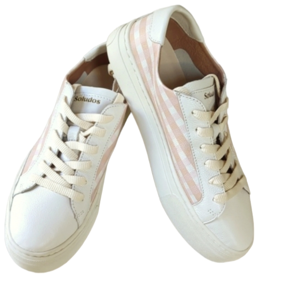 Soludos, Checkmate, peach and pink gingham platform leather sneakers Sz …